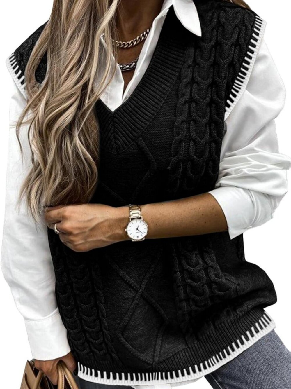 Cozy Oversized V Neck Sweater Vest for Women | Sleeveless Cable Knit Top